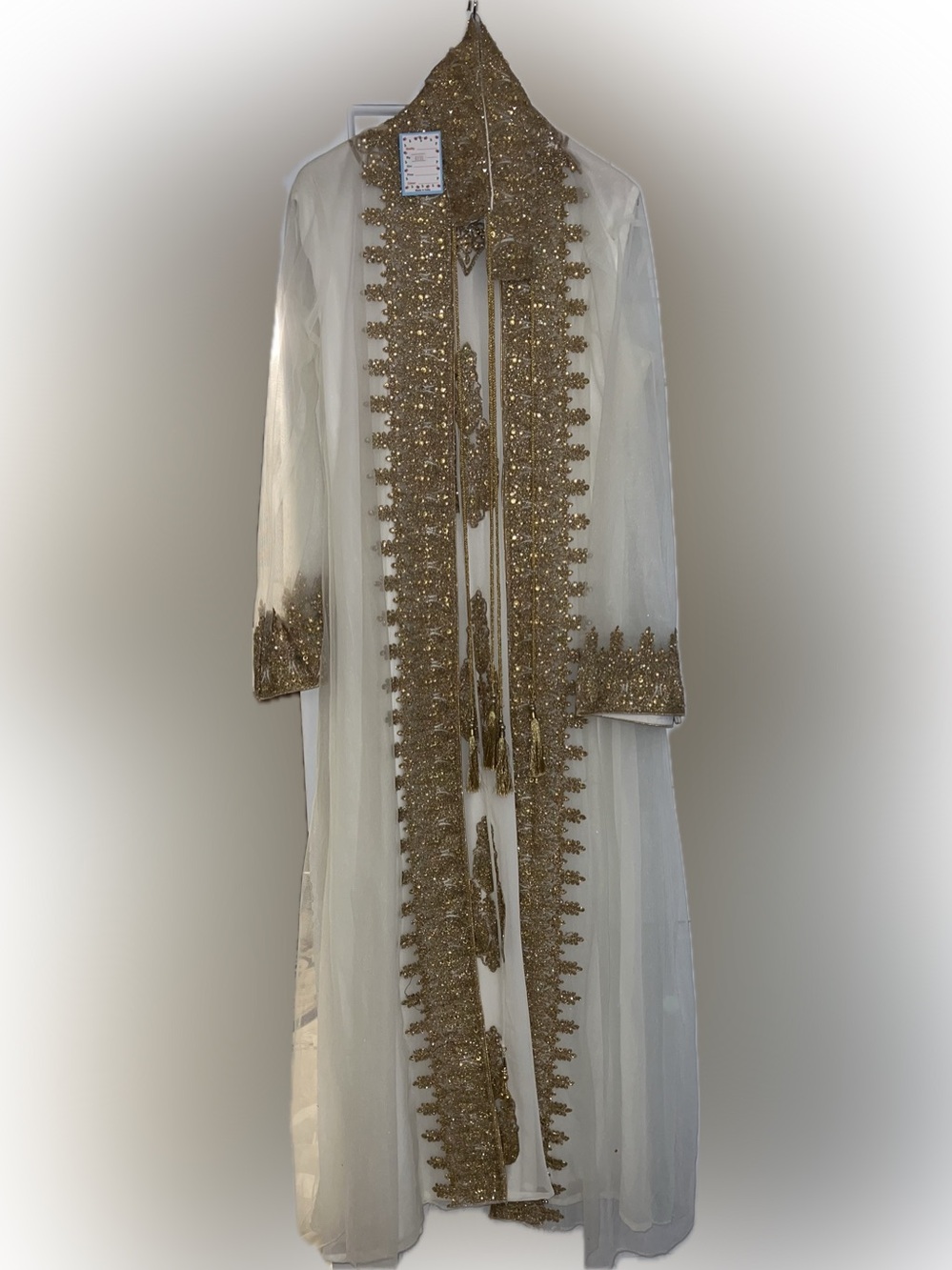 Embellished Ivory Sheer Dress with Gold Beaded Trim Kaftan